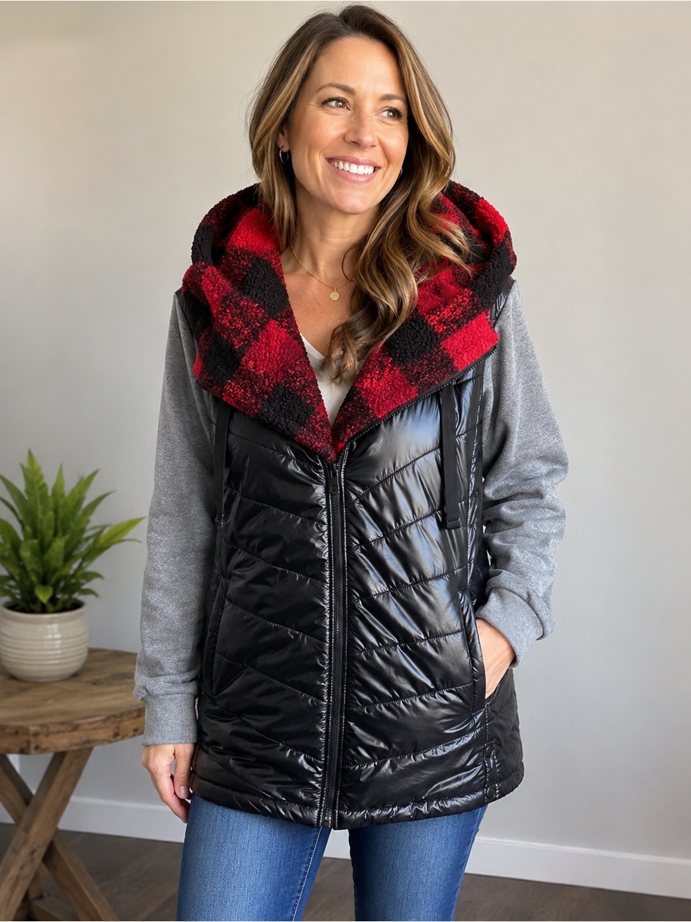 Lori Goldstein Quilted Hooded Vest with Red Buffalo Plaid Trim - Women